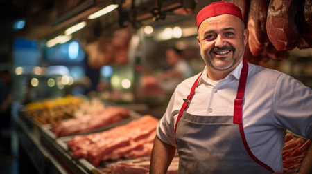 Traditional butcher serves customer in market with fresh meats under warm natural lightingの素材