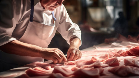 Charcutier slices paper-thin prosciutto under soft diffused daylightの素材