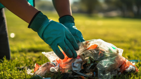 Close-up of sanitation worker's hands picking up litter from park lawn in natural sunlightの素材