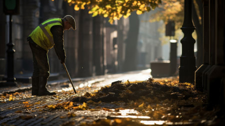 Street cleaner manually sweeps leaves from picturesque cobblestone streetの素材
