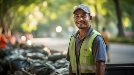 City maintenance crew member stands beside row of neatly arranged trash cans in well-lit city parkの素材