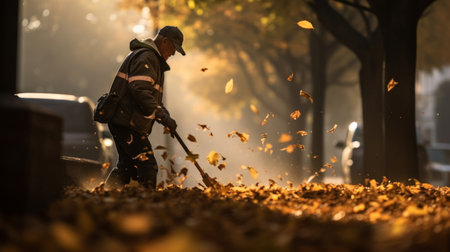 Close-up capturing street cleaner's dedication in using leaf blower to clear leaves from parkの素材