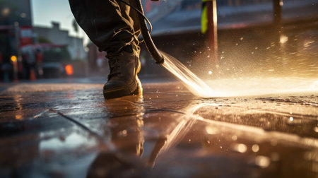 Street cleaner hoses down city sidewalk under bright sunlightの素材