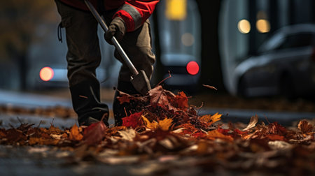 Intense close-up capturing street cleaner's technique as he sweeps fallen autumn leavesの素材