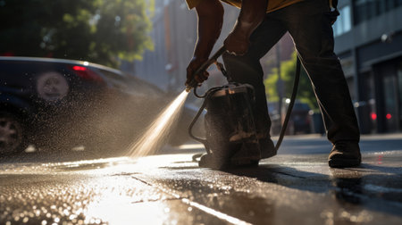 Street cleaner meticulously hoses down city sidewalk under clear bright sunlightの素材