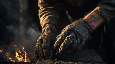 Close-up of chimney sweep's hands covered in soot as he removes creosote buildup from chimneyの素材
