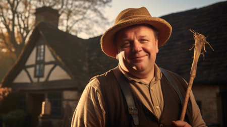 Portrait of friendly chimney sweep posing with tools in front of countryside cottage in early morning sunlightの素材