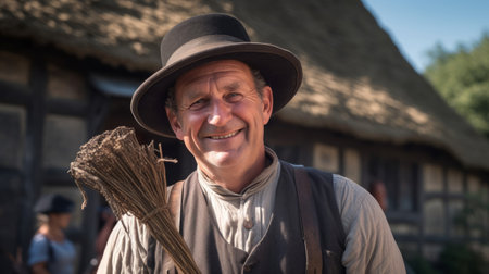 Friendly chimney sweep poses with tools in front of countryside cottage in early morning sunlightの素材