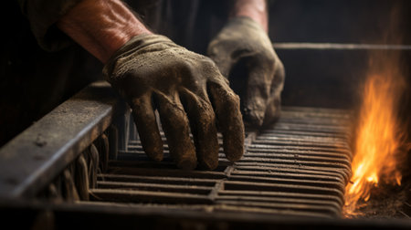 Close-up of chimney sweep's weathered hands brushing away soot from fireplace grateの素材