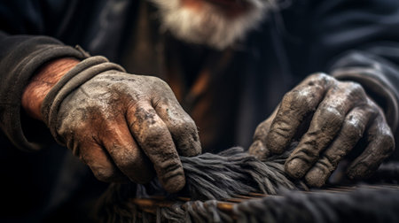 Close-up of chimney sweep's hands brushing soot from fireplace grate under soft even lightingの素材