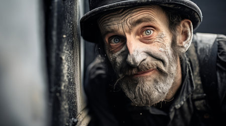 Chimney sweep's face smudged with soot as he inserts brush into chimney flue contrasting with clean bathtubの素材