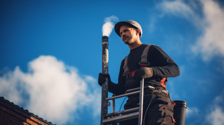 Chimney sweep on ladder with brushの素材