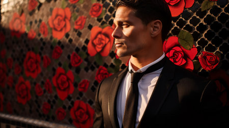 Intense male flamenco dancer with red roseの素材