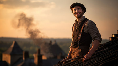 Cheerful chimney sweep on rooftopの素材