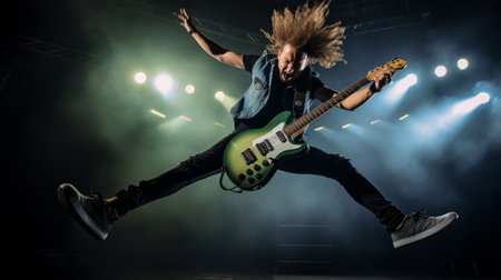 Vibrant stage lights with rock singer mid-jumpの素材