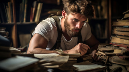 Exploring attic filled with booksの素材