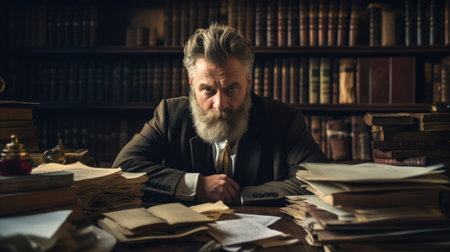 Renowned bibliophile at cluttered deskの素材