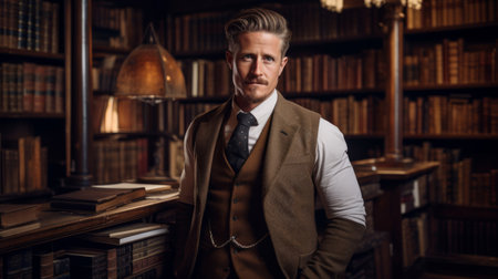 Dedicated bibliologist surrounded by booksの素材