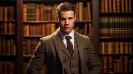 Bibliologist in tweed jacket surrounded by booksの素材