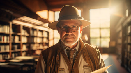 Seasoned bibliophile in historic libraryの素材
