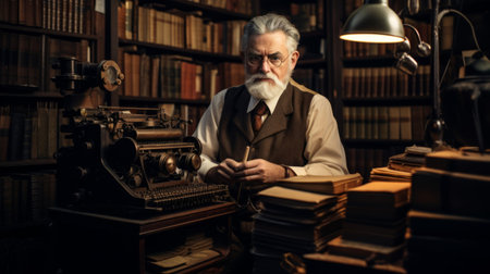 Bibliologist with vintage typewriter and literatureの素材