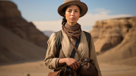 Resilient archivist with ancient artifact in desertの素材