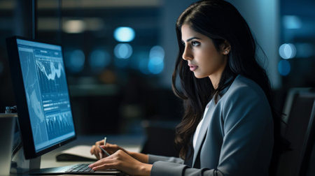 Secretary manages virtual meetings with cool-toned lightの素材