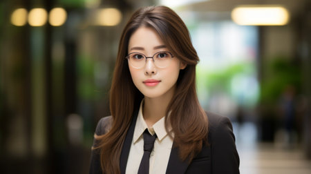 Composed young secretary in bustling corporate officeの素材