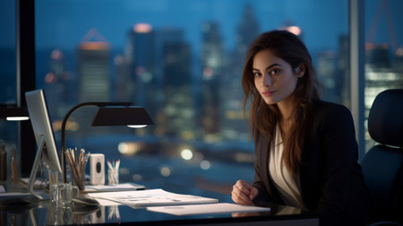 Inquisitive secretary with poised demeanor city skyline viewの素材