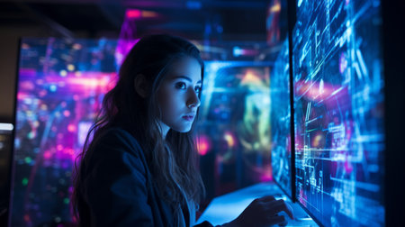 Secretary interacts with holographic data in digital realmの素材