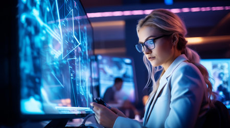 Secretary interacts with holographic data under neon lightsの素材