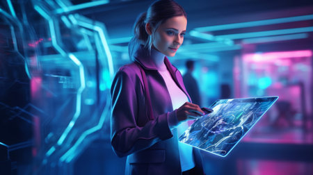 Remote assistant stands in futuristic office spaceの素材