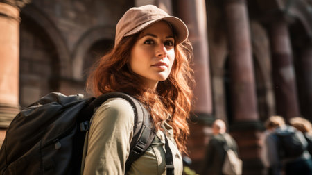 Tourism technician guides tourists under bright daylightの素材