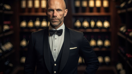 Sommelier in formal attire beside wine bottles in diffused lightingの素材