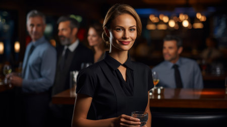 Diligent server holds tray of cocktails with even lightingの素材