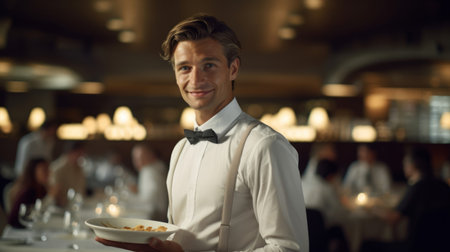 Waiter in white shirt and bowtie serves gourmet dishの素材