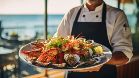 Determined server presents tray of seafood at seaside restaurant coastal diningの素材