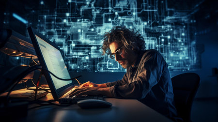 Close-up of computational linguist coding algorithms soft lightingの素材