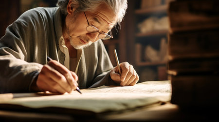 Close-up of linguistic historian examining ancient manuscriptsの素材