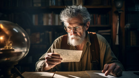 Linguistics professor examines linguistic inscriptions with magnifying glassの素材
