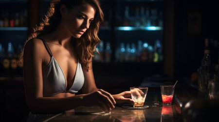 Bartender crafts signature cocktail with contemplative expressionの素材