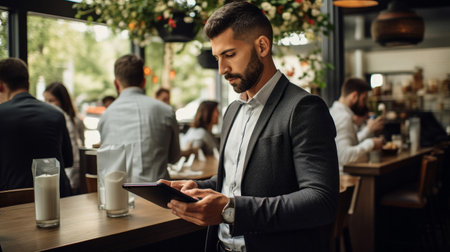 Server takes customer's order on tablet amid restaurant tablesの素材