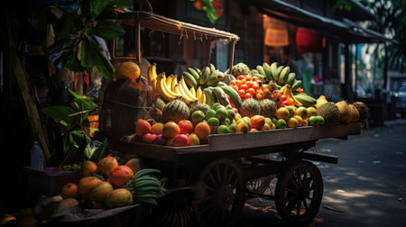 Frutera arranges coconuts papayas and bananas on street vendor's cart dramatic lightingの素材