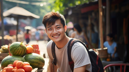 Close-up of friendly fruit bowl holding watermelon slice at street marketの素材