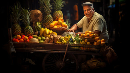 Frutera arranges coconuts papayas and bananas on vibrant street vendor's cartの素材