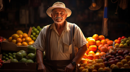 Experienced fruit seller stands amidst exotic fruits with soft lightingの素材