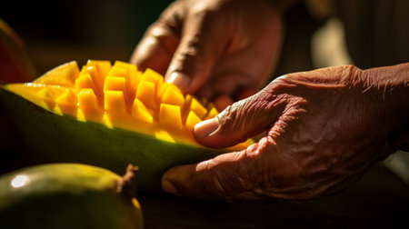 Close-up of fruit bowl offering freshly cut mango to customerの素材