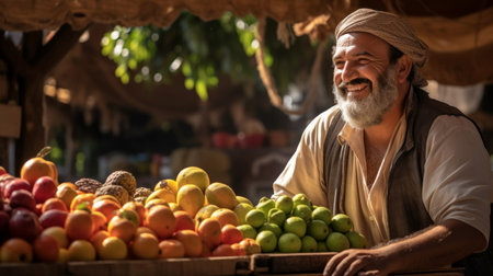 Portrait of experienced fruit vendor offering organic fruits at rustic outdoor market natural daylightの素材