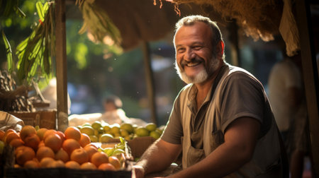 Portrait of experienced fruit vendor offering selection of organic fruits at rustic outdoor marketの素材