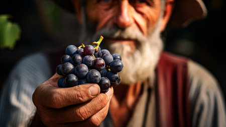 Close-up of frutero taste offering of succulent grapes to customerの素材